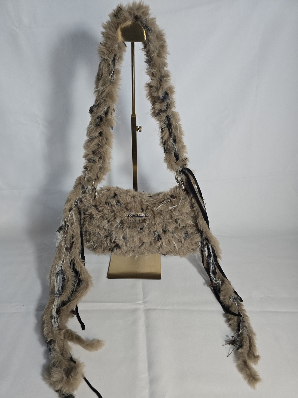 Hand Crafted Crochet Beige Faux Fur Crossbody Bag with Fringe